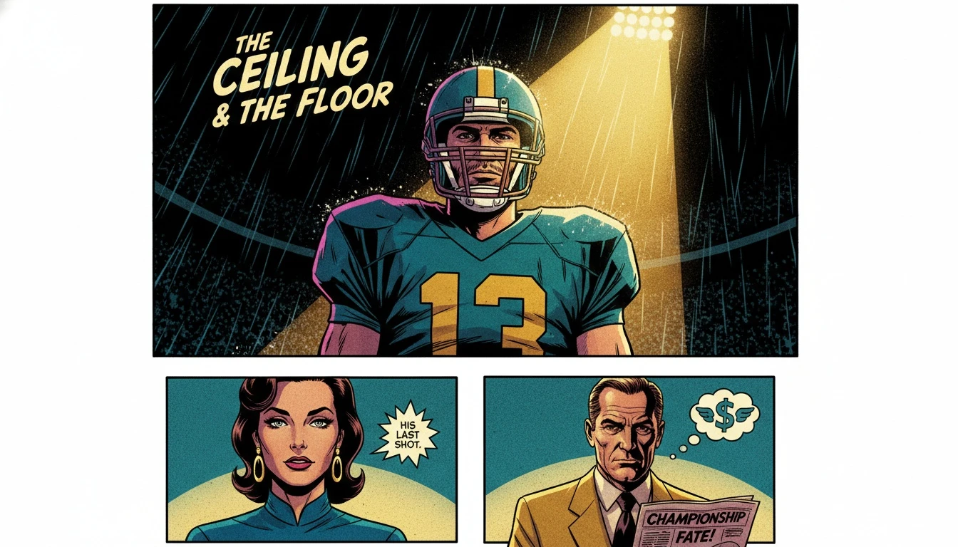 A football player stands under a spotlight, half in light and half in shadow, symbolizing the risk and reward detailed in our Audric Estime fantasy projections for week 16. Filename: audric-estime-fantasy-projections-week-16-bestie-ai.webp