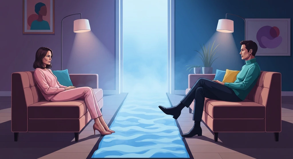 A visual representation of avoidant attachment vs emotional unavailability showing a couple separated by a symbolic blue mist on a sofa. avoidant-attachment-vs-emotional-unavailability-bestie-ai.webp