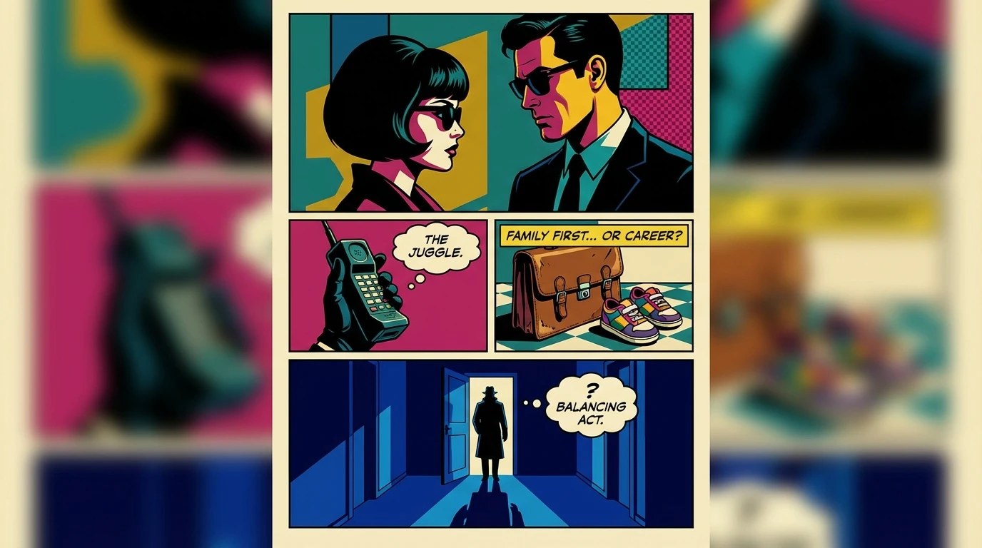 A symbolic image showing a briefcase next to a child's shoes, representing the challenge of balancing career and family life. Filename: balancing-career-and-family-life-bestie-ai.webp