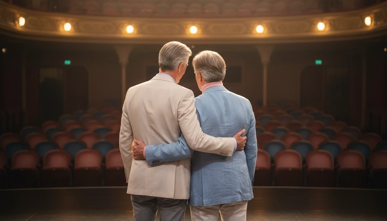 An illustration showing the deep support between Barry Manilow and his husband Garry Kief, depicting two older men finding a quiet, resilient moment together backstage. filename: barry-manilow-husband-garry-kief-bestie-ai.webp