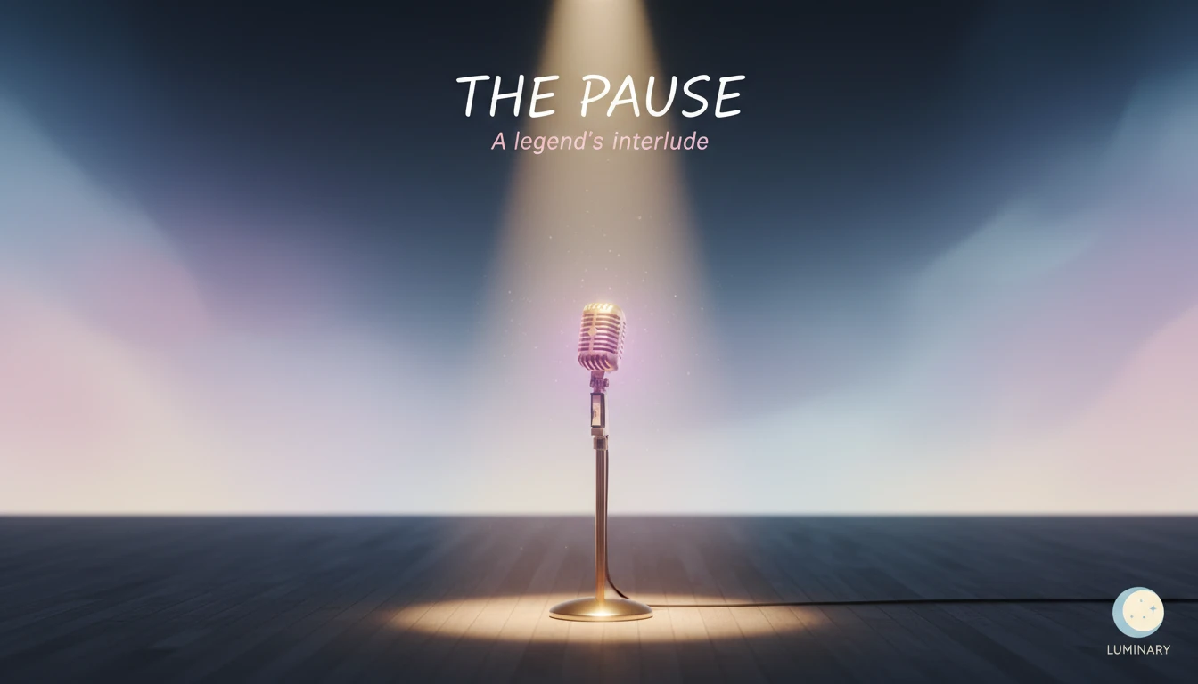 A spotlight on a microphone on an empty stage, symbolizing the pause in Barry Manilow's career following his lung cancer diagnosis and the hope for his return to music.webp