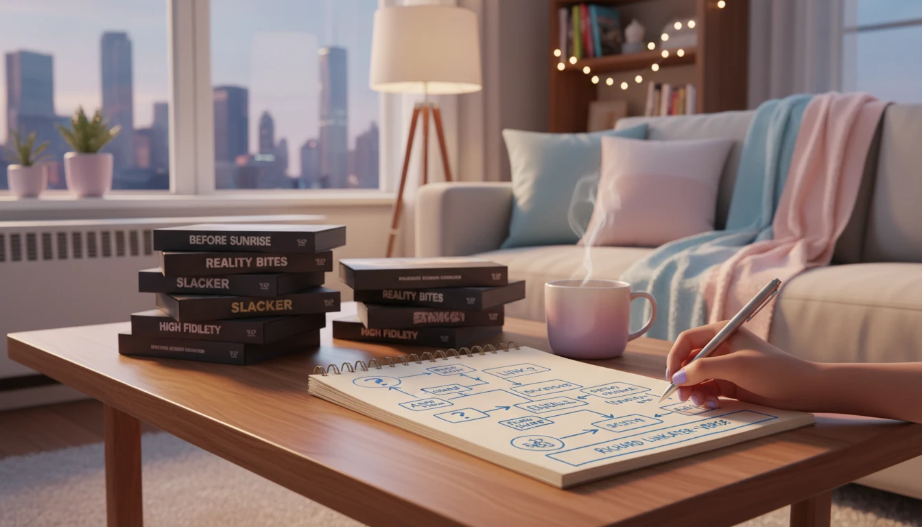 A visual beginner's guide to Richard Linklater movies, represented by a curated stack of his films on a coffee table, ready for a movie marathon. filename: beginners-guide-richard-linklater-movies-bestie-ai.webp