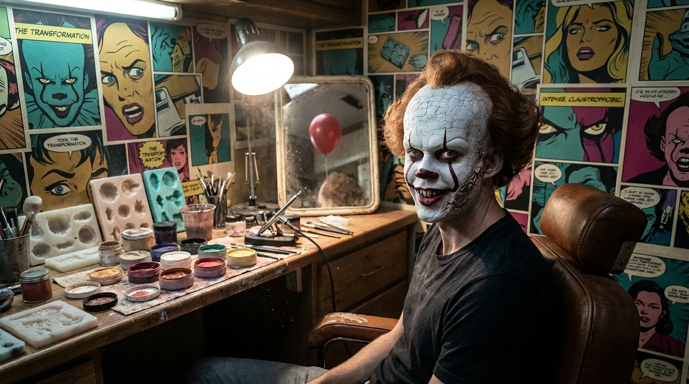 A dramatic look at the behind the scenes of IT movie Pennywise, showing Bill Skarsgård's half-completed makeup transformation, illustrating the artistry required for the role. pennywise-transformation-bill-skarsgard-bestie-ai.webp