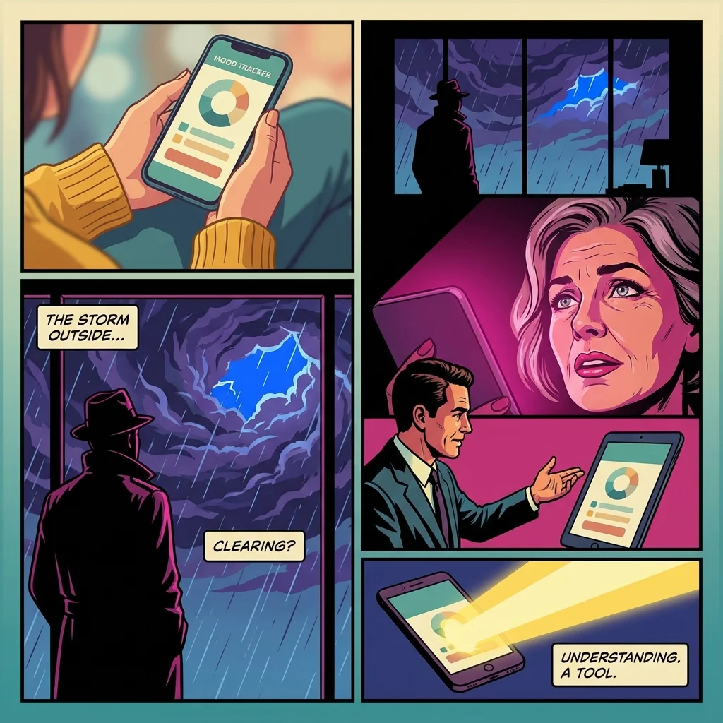 A person finds clarity by using a mood tracker app, illustrating the benefits of mood tracking for mental health as a storm clears outside. Filename: benefits-of-mood-tracking-for-mental-health-bestie-ai.webp