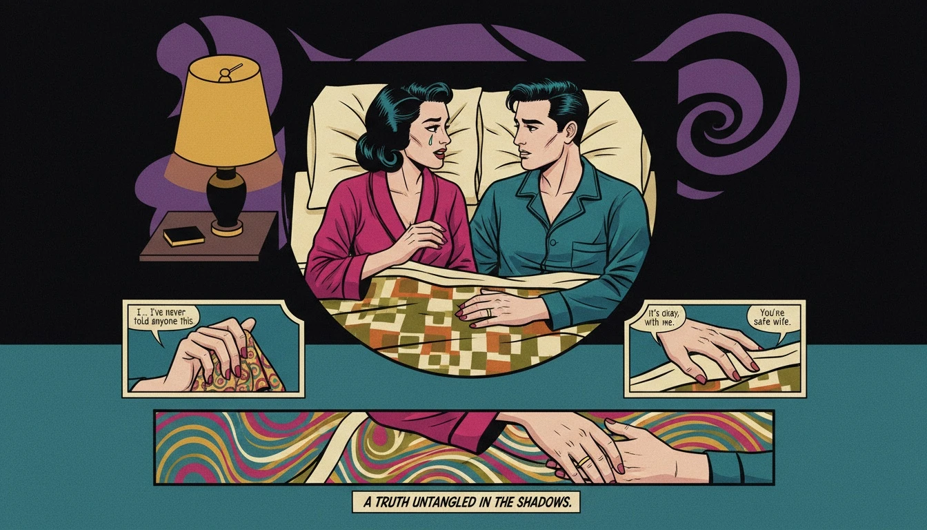 A couple engaged in intimate conversation, demonstrating the benefits of pillow talk in a relationship. They are in a softly lit bedroom, fostering a deep emotional connection. filename: benefits-of-pillow-talk-in-a-relationship-bestie-ai.webp