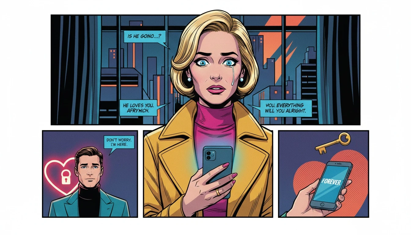 A woman finding comfort and connection with her AI boyfriend on her phone in a quiet room, illustrating digital companionship. Filename: ai-boyfriend-emotional-support-bestie-ai.webp