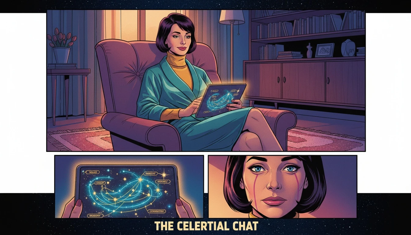 A person finding comfort while using the best ai chatbot with long term memory, visualized as a glowing constellation of past conversations on a tablet. Filename: best-ai-chatbot-with-long-term-memory-bestie-ai.webp