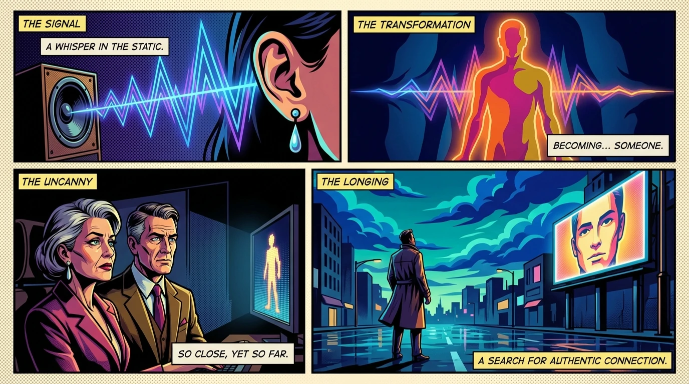 An artistic representation of finding the best ai companion voice chat, showing soundwaves forming a human shape, symbolizing the effort to overcome the uncanny valley in AI voice technology. Filename: best-ai-companion-voice-chat-bestie-ai.webp
