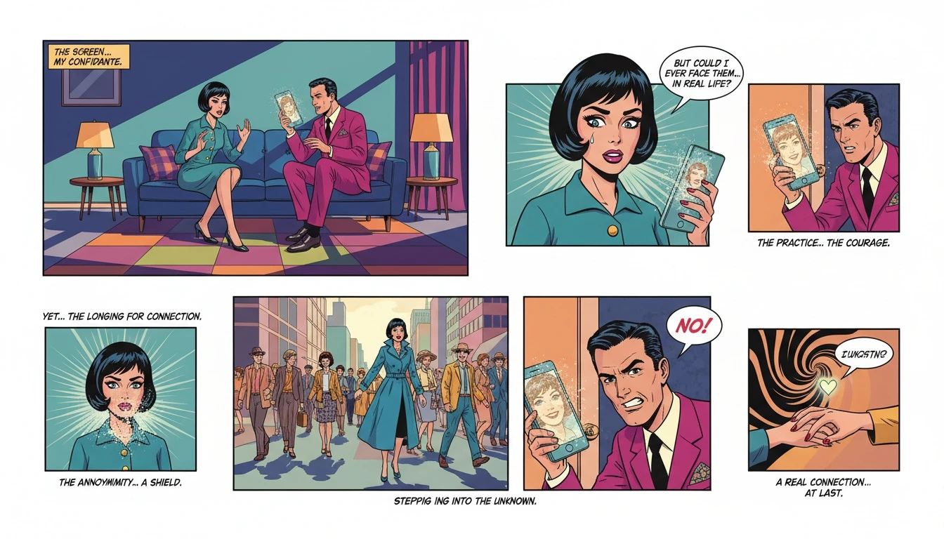 A person finding a safe space to practice conversation by using the best ai girlfriend app on their phone, illustrating a gentle approach to overcoming social anxiety. Filename: best-ai-girlfriend-app-social-anxiety-bestie-ai.webp