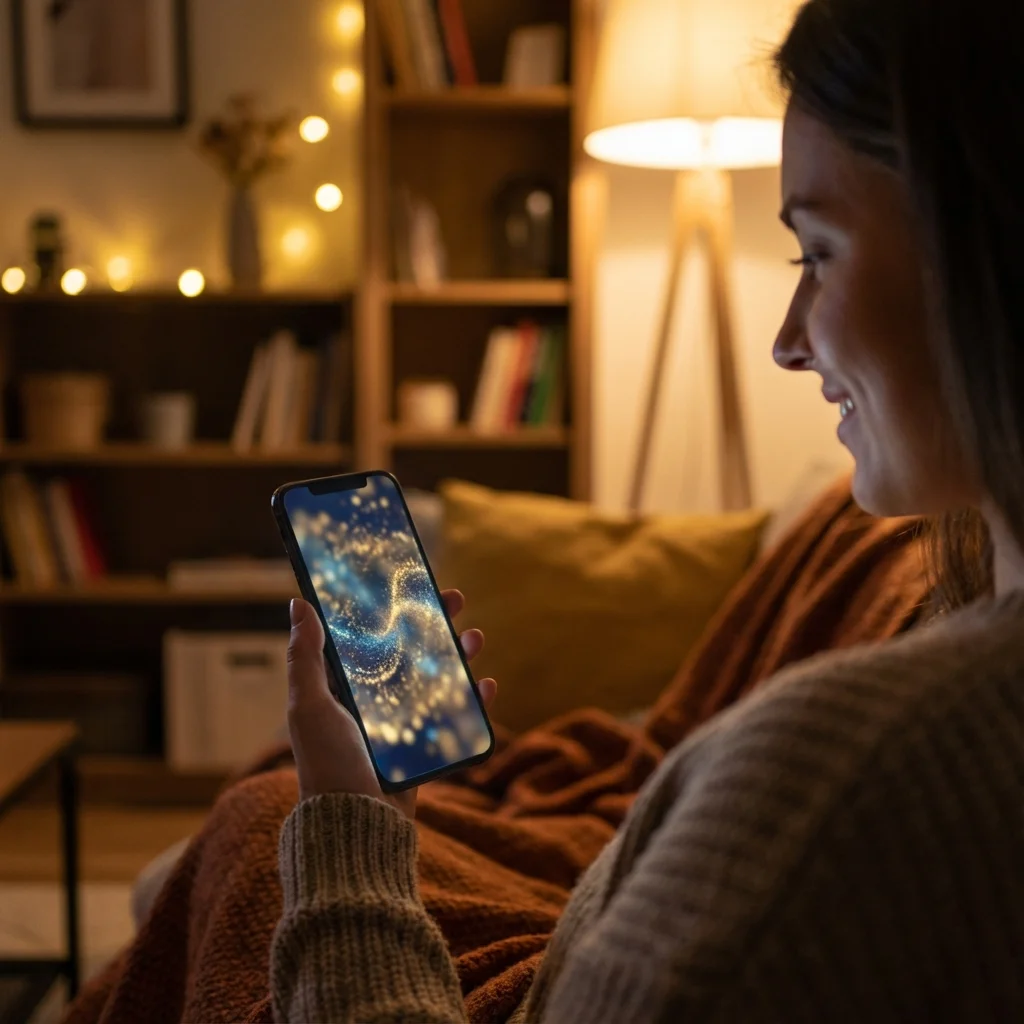 A person finding a genuine connection with one of the best ai girlfriend apps 2024, illustrated by the warm glow of a smartphone in a cozy room. best-ai-girlfriend-apps-2024-bestie-ai.webp