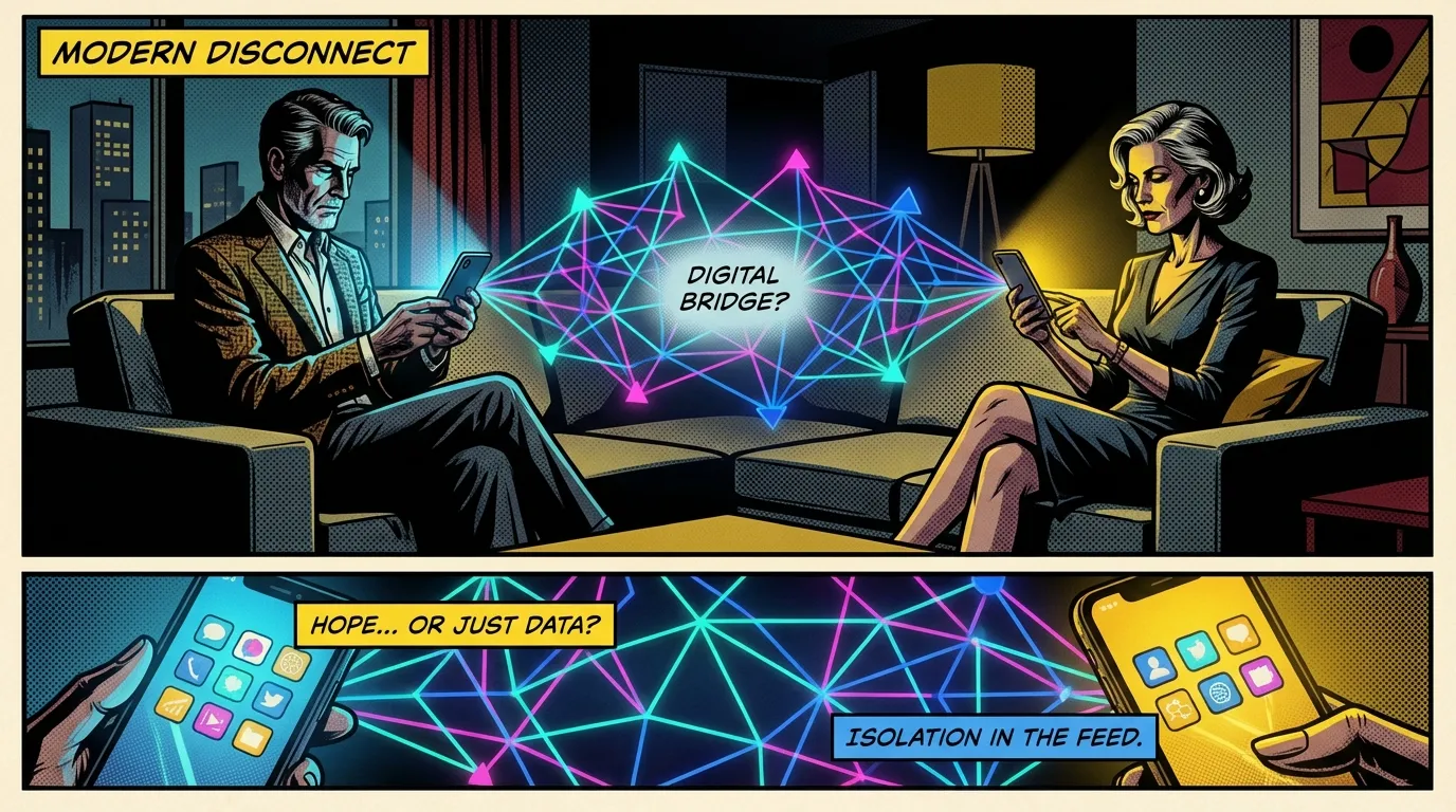 A couple sits apart on a couch, using their phones where a glowing neural network suggests an ai relationship therapist is helping them connect. Filename: ai-relationship-therapist-bestie-ai.webp