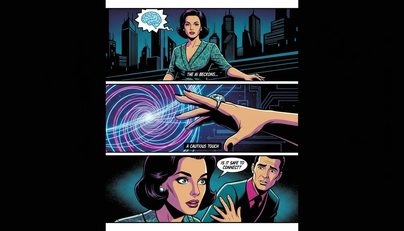 A visual metaphor for finding the best ai therapy chatbot, showing a human hand carefully connecting with a soft, glowing digital consciousness, representing safe emotional support. Filename: best-ai-therapy-chatbot-emotional-support.webp