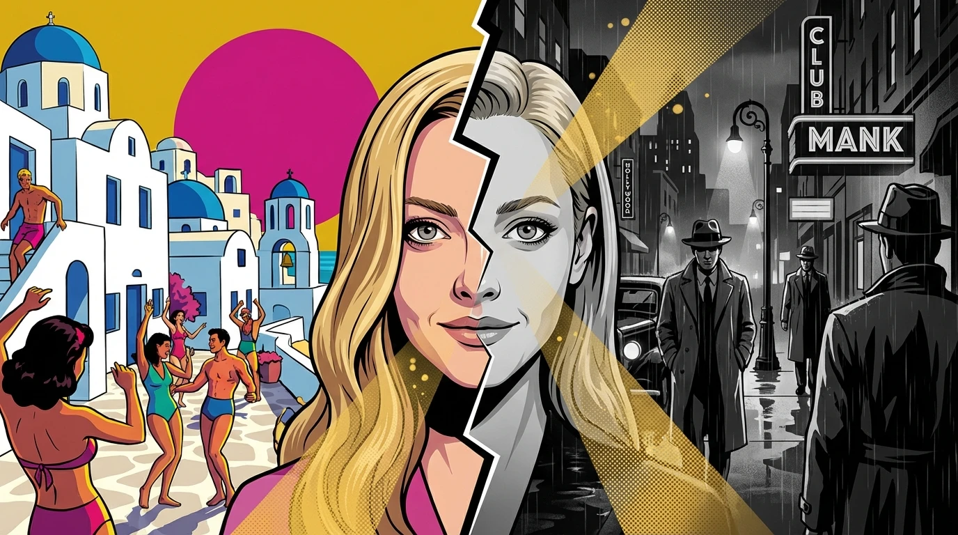 A collage showing the range of the best Amanda Seyfried movies ranked, with a colorful Mamma Mia scene on one side and a black-and-white Mank scene on the other, representing her diverse filmography. Filename: best-amanda-seyfried-movies-ranked-bestie-ai.webp