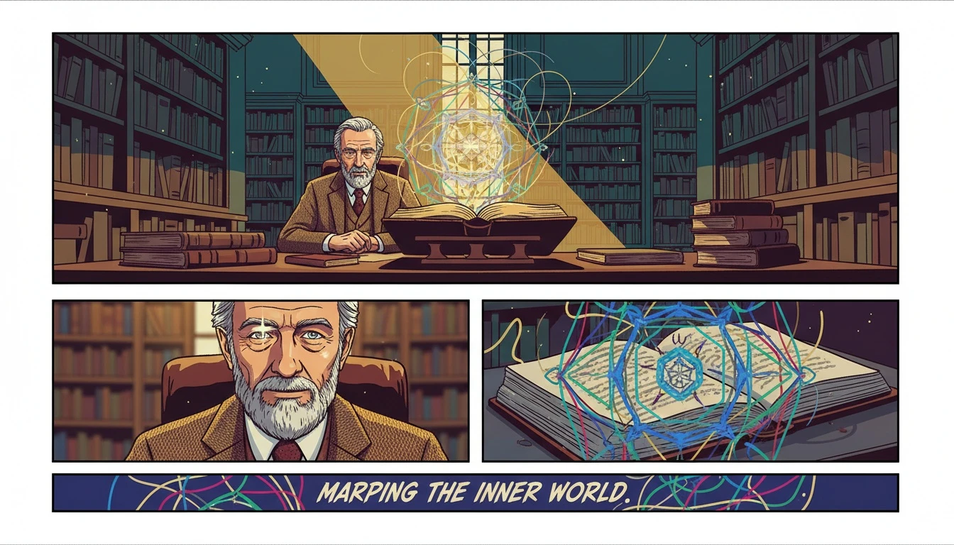 An artistic representation of a deep dive into one of the best books on MBTI, with glowing threads of light representing cognitive functions emerging from Carl Jung's 'Psychological Types'. Filename: best-books-on-mbti-jung-bestie-ai.webp