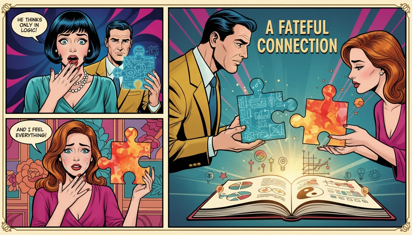 An image symbolizing how the best books on MBTI help two different personality types, represented by a logical and an emotional puzzle piece, connect and understand each other. Filename: best-books-on-mbti-for-relationships-bestie-ai.webp