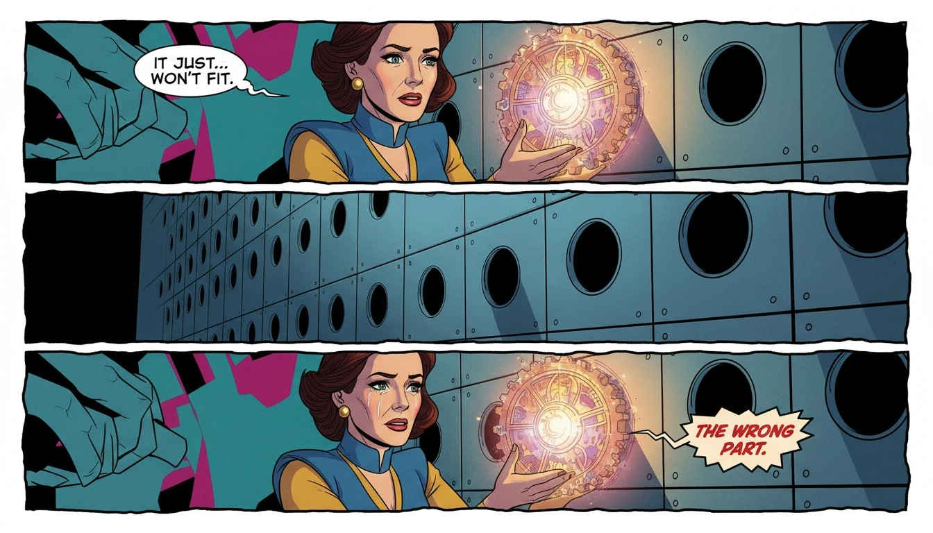 An illustration showing the importance of finding the best career paths by mbti type, with a person holding a unique glowing gear representing their personality, searching for its place in a larger machine. Filename: best-career-paths-by-mbti-type-bestie-ai.webp