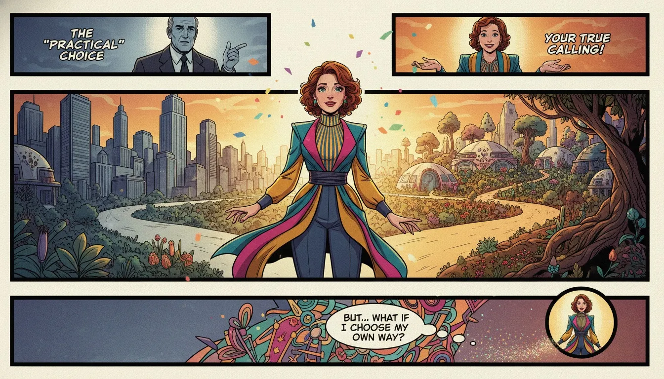 A hopeful person illustrating one of the best careers for enfp, choosing a colorful, creative path over a gray corporate one, symbolizing the importance of personality type and career choice. best-careers-for-enfp-bestie-ai.webp