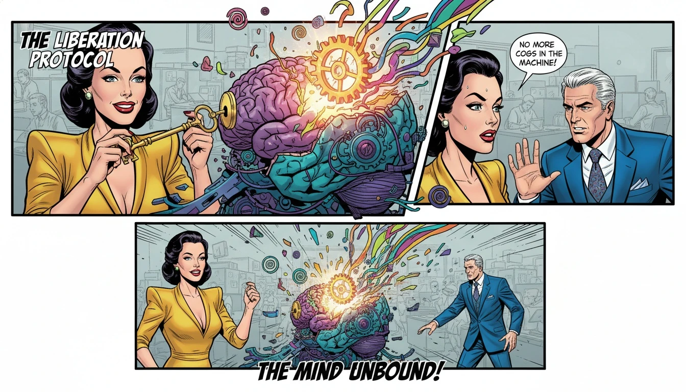 An artistic representation of the ENTP mind breaking free from a mundane office, illustrating the concepts behind finding the best careers for ENTP personality type. Filename: best-careers-for-entp-personality-type-bestie-ai.webp