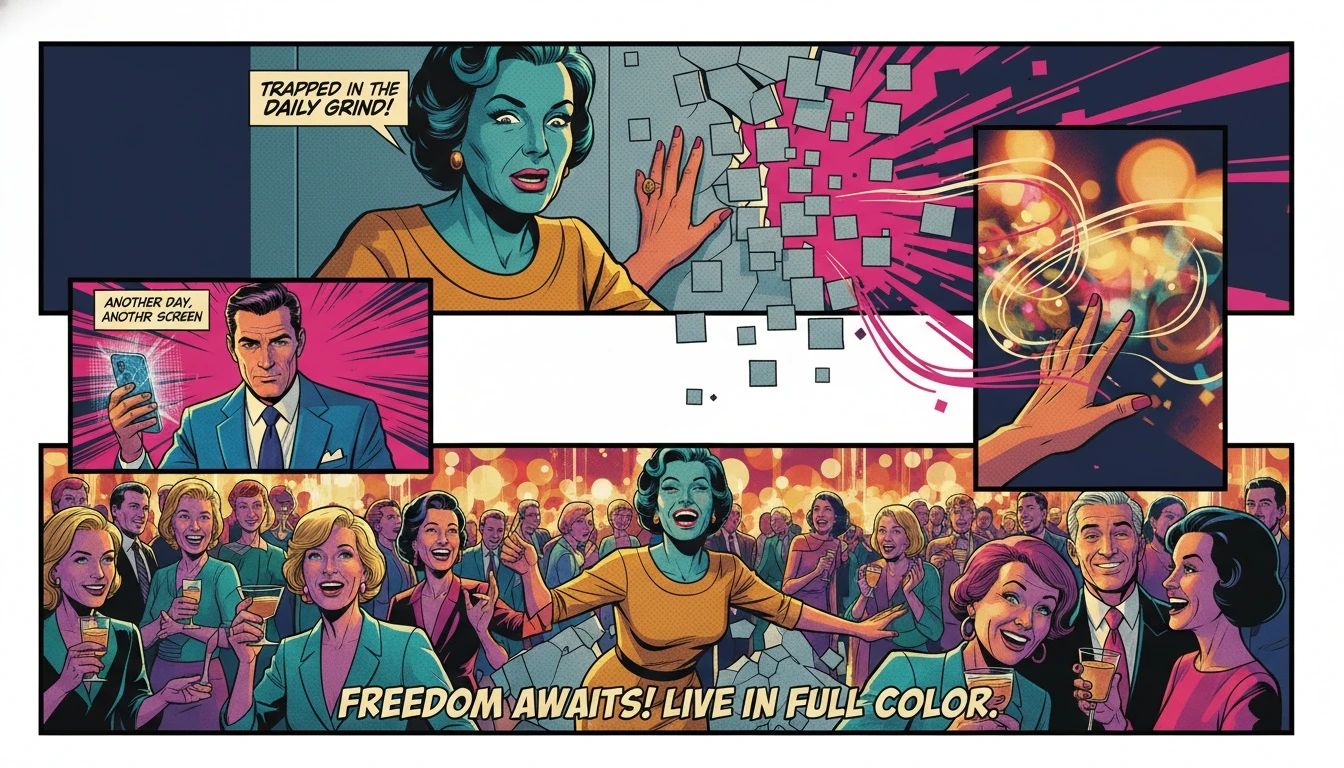 A symbolic image representing the best careers for ESFP personality types, showing a hand breaking free from a dull office cubicle into a vibrant, colorful, and people-focused world. Filename: best-careers-for-esfp-personality-bestie-ai.webp