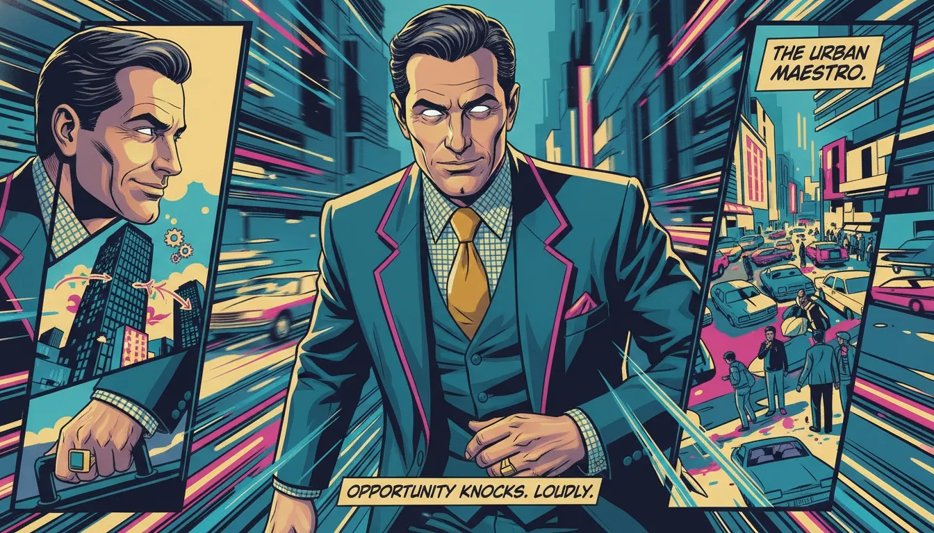 A decisive ESTP thriving in a dynamic city, illustrating the best careers for an ESTP personality which involve action and problem-solving. Filename: best-careers-for-estp-personality-bestie-ai.webp