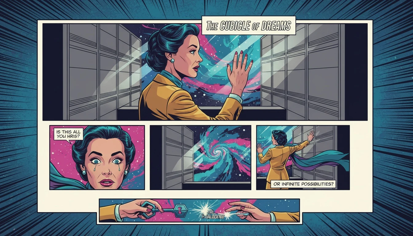 A symbolic image showing the struggle to find the best careers for intuitive personality types, contrasting a dull office cubicle with a vast, inspiring cosmos of possibility. Filename: best-careers-for-intuitive-personality-types-bestie-ai.webp