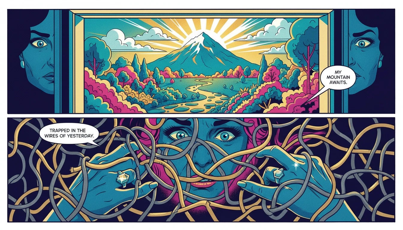 A person's hands tangled in wires, symbolizing burnout, while looking out a window at a hopeful path, representing the journey to find the best careers for mbti types. Filename: best-careers-for-mbti-types-bestie-ai.webp