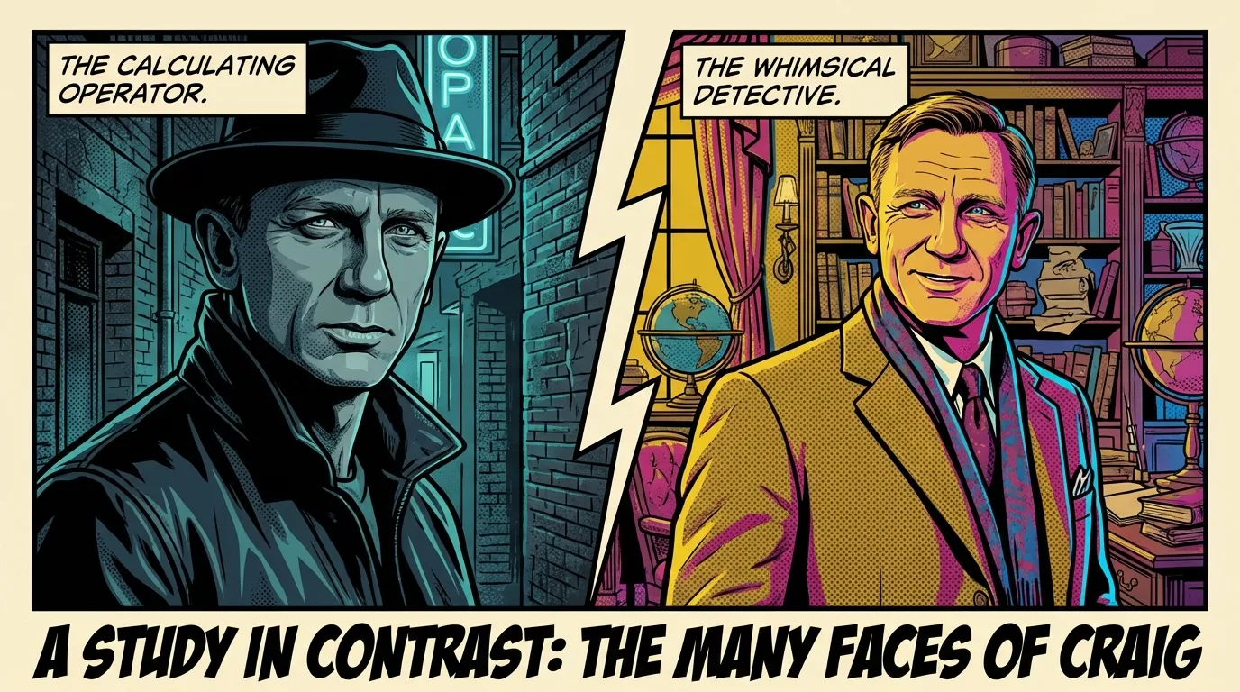 A split image showcasing the acting range of Daniel Craig, with his gritty gangster role on one side and his eccentric detective role on the other, representing the best Daniel Craig movies besides Bond. Filename: best-daniel-craig-movies-besides-bond-bestie-ai.webp