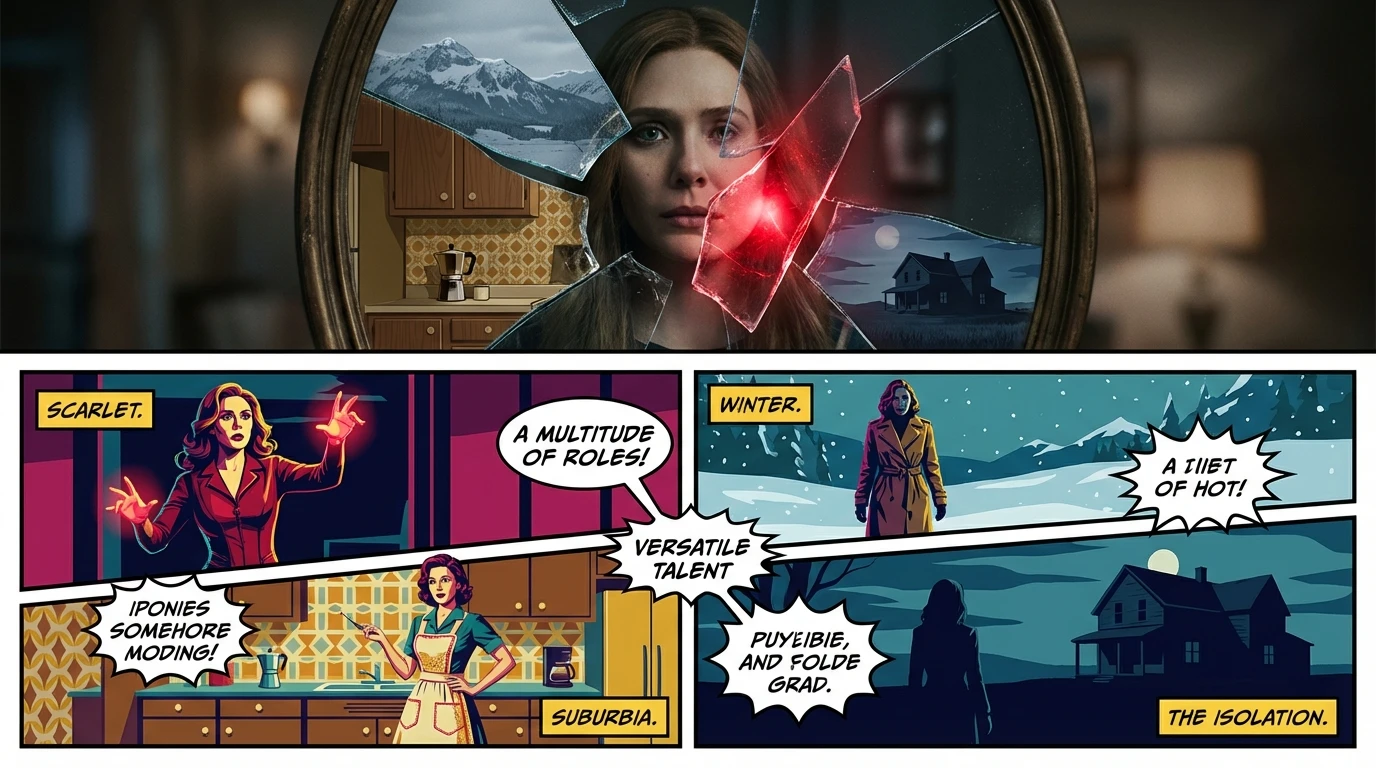 A symbolic image representing the best Elizabeth Olsen movies non-Marvel, showing her multifaceted career through reflections in a shattered mirror. filename: best-elizabeth-olsen-movies-non-marvel-bestie-ai.webp