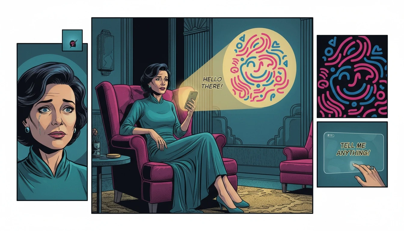 A person finding comfort from the best free AI therapy chatbot on their phone in a quiet room, illustrating digital mental health support. File: best-free-ai-therapy-chatbot-bestie-ai.webp