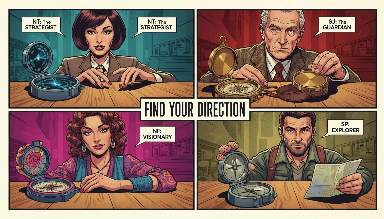 An image depicting the best goal setting strategies by mbti type, represented by four different compasses symbolizing unique personality paths to success. Filename: best-goal-setting-strategies-by-mbti-type-bestie-ai.webp