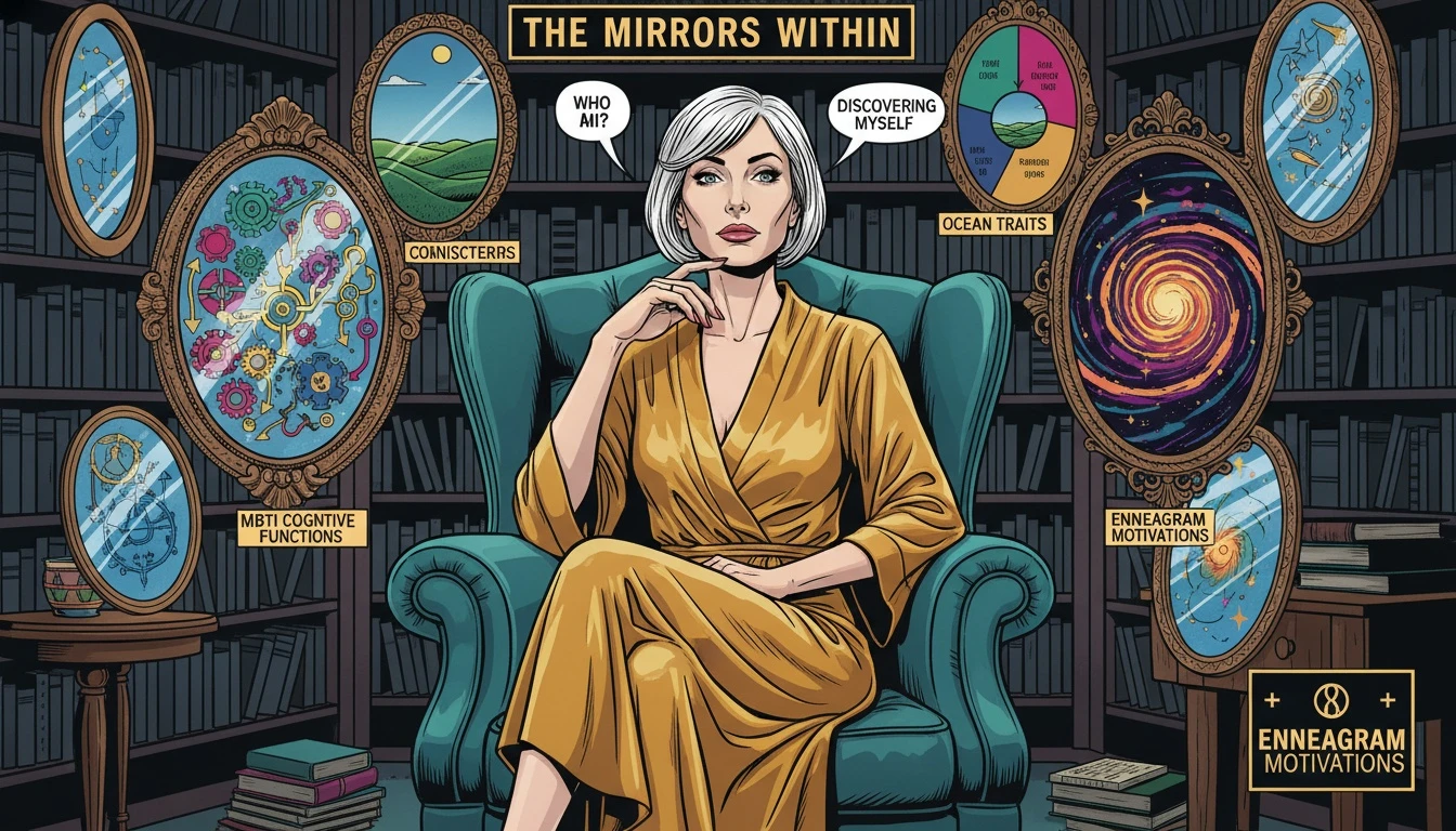 A person considering the best introvert personality test online by looking into three symbolic mirrors representing MBTI, the Big Five, and the Enneagram. Filename: best-introvert-personality-test-online-bestie-ai.webp