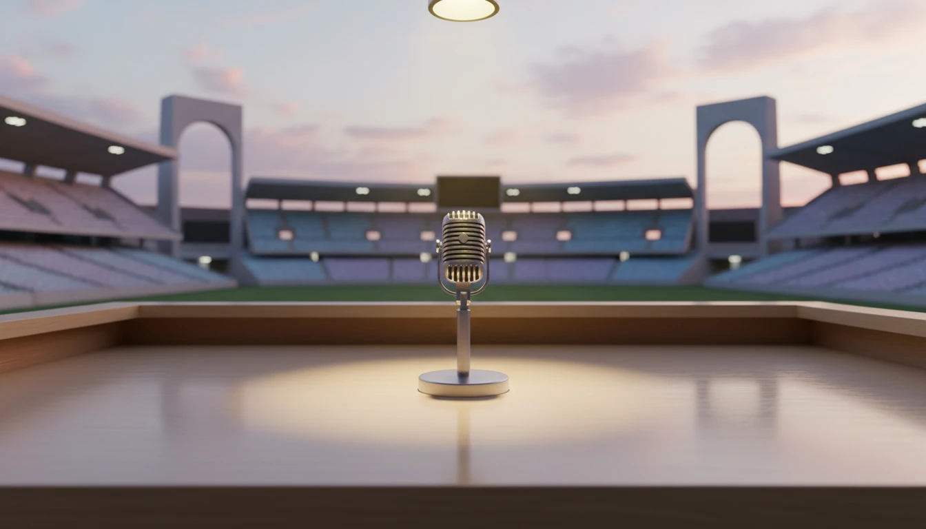A solitary vintage microphone symbolizing the best Joe Buck broadcasting calls made throughout his iconic career in an empty stadium. best-joe-buck-broadcasting-calls-bestie-ai.webp