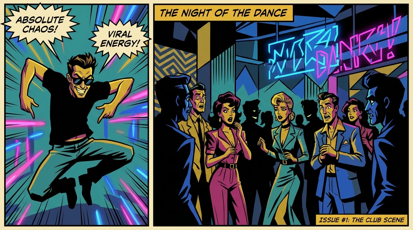 An artistic depiction illustrating the vibe of the best Jon Hamm Turn the Lights Off memes, showing a man dancing with wild abandon in a club. Filename: best-jon-hamm-turn-the-lights-off-memes-bestie-ai.webp