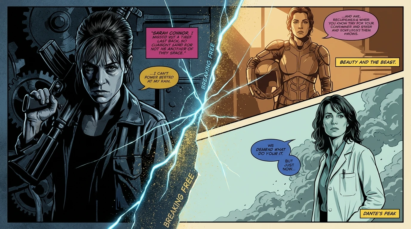 A symbolic image representing the best Linda Hamilton movies, with her iconic Sarah Connor role on one side and a collage of her other diverse acting performances on the other, showing her range. best-linda-hamilton-movies-bestie-ai.webp