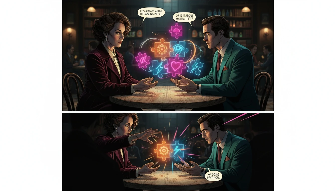 Two people contemplating their connection, symbolized by glowing puzzle pieces, representing the search for the best mbti match for long term relationship success. filename: best-mbti-match-for-long-term-relationship-bestie-ai.webp