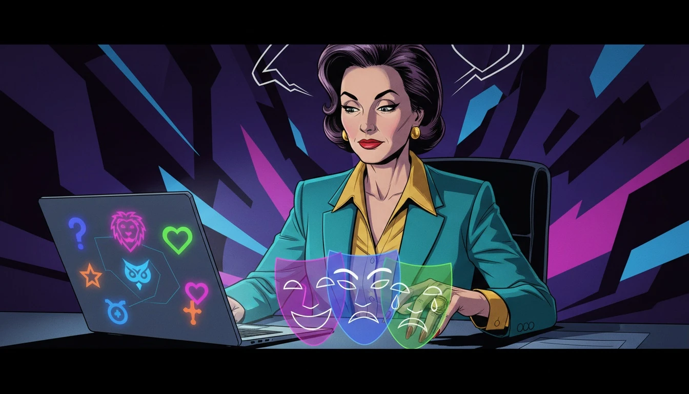 A person reflects on their MBTI test results, with different personality masks laid out before them, illustrating the search for an accurate personality type. best-mbti-test-online-free-bestie-ai.webp