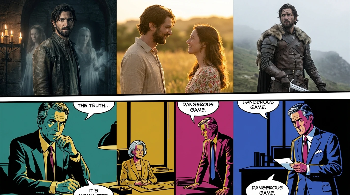 A collage showcasing the best Michiel Huisman performances, from the romantic lead in a period drama to a haunted character in a thriller, highlighting his acting range. best-michiel-huisman-performances-bestie-ai.webp