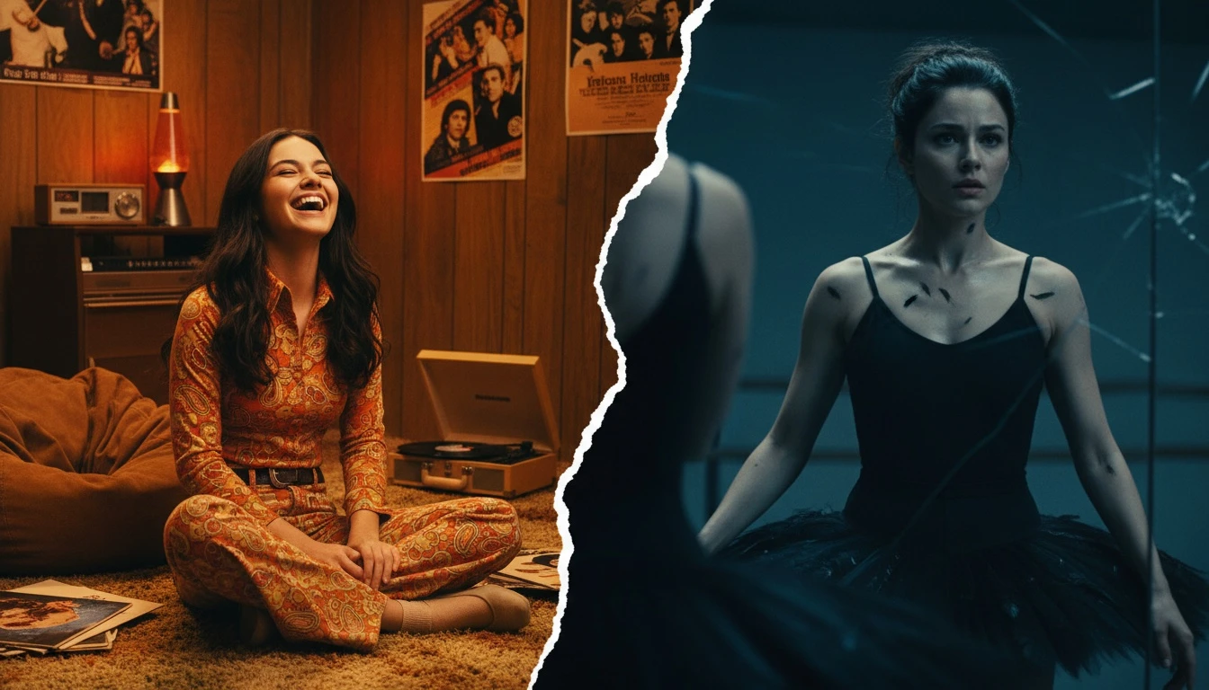 A split image showing the evolution of the best Mila Kunis movie performances, contrasting her comedic role in 'That '70s Show' with her dramatic transformation in 'Black Swan'. best-mila-kunis-movie-performances-bestie-ai.webp