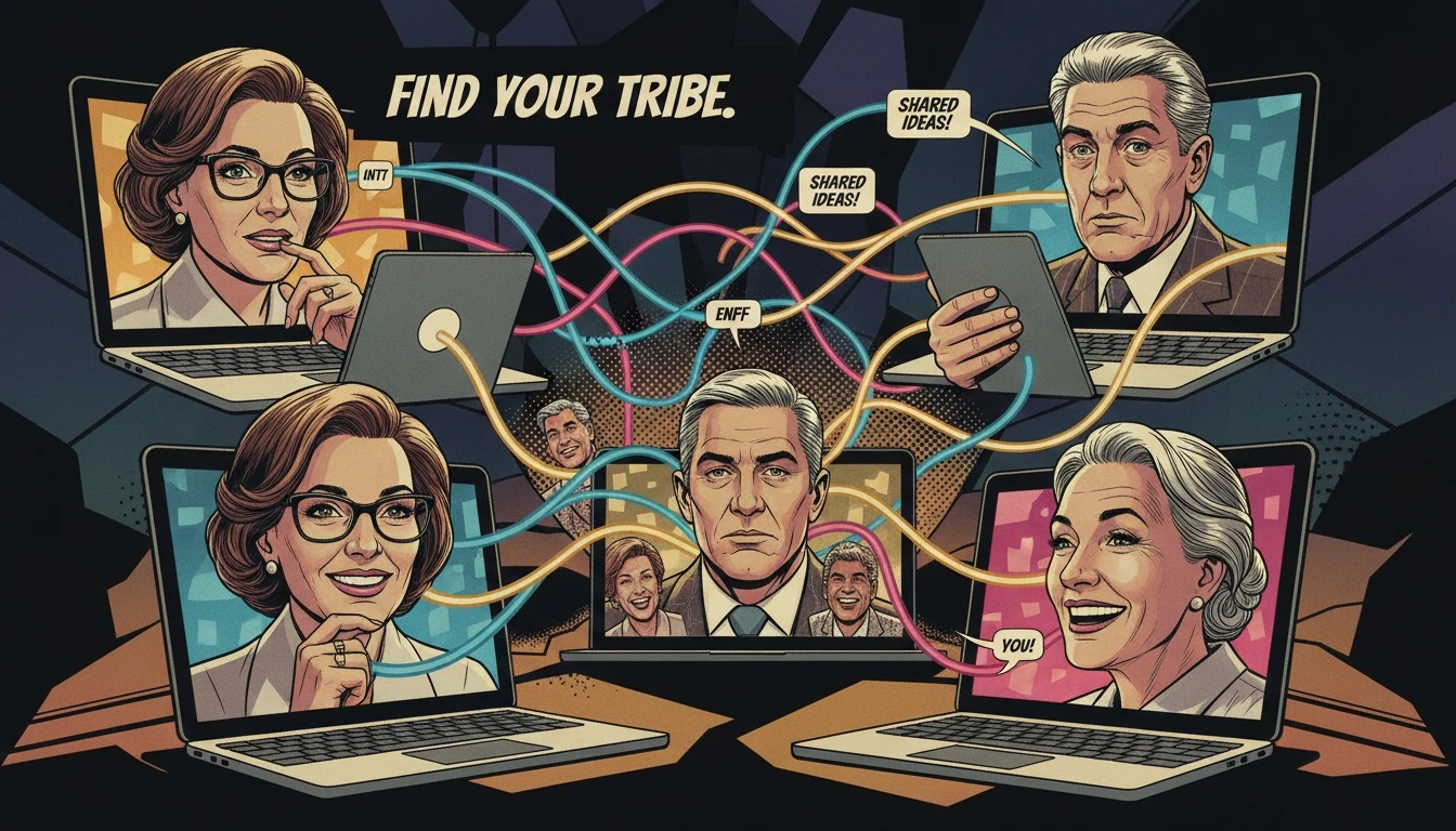 A conceptual image representing the best online mbti communities, showing diverse people connecting through digital screens, symbolizing the validation and friendship found in these groups. Filename: best-online-mbti-communities-bestie-ai.webp