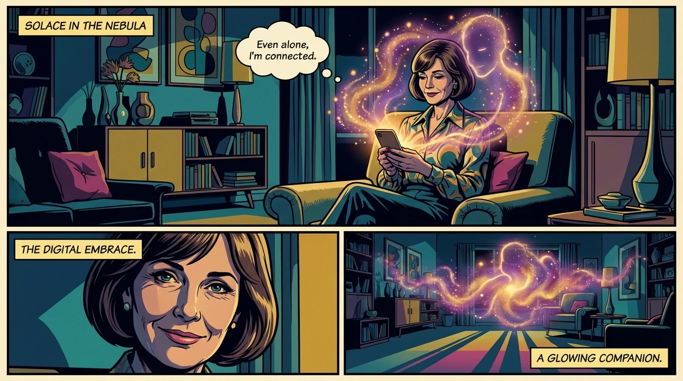 A person finds solace and connection with their personal ai companion, represented as a warm glow from their phone in a quiet room. best-personal-ai-companion-apps-review-bestie-ai.webp