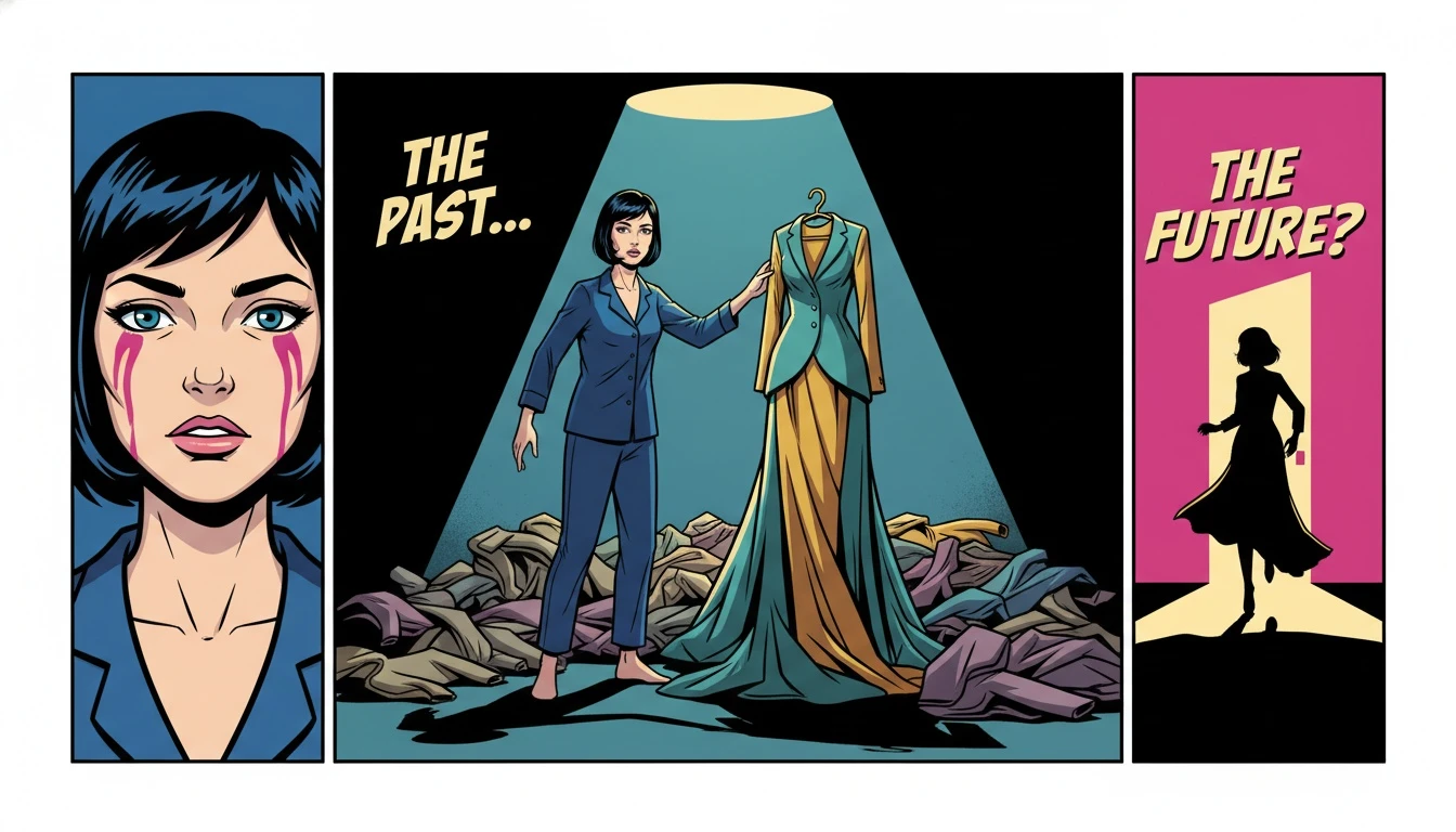 An illustration symbolizing the best post-breakup glow up tips, where a woman chooses a vibrant new dress in a dark room to reclaim her identity. best-post-breakup-glow-up-tips-bestie-ai.webp