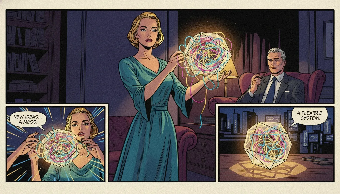 A visual metaphor for the best productivity system for INTPs, showing chaotic ideas being formed into an elegant structure, representing mental clarity and organization. Filename: best-productivity-system-for-intps-bestie-ai.webp