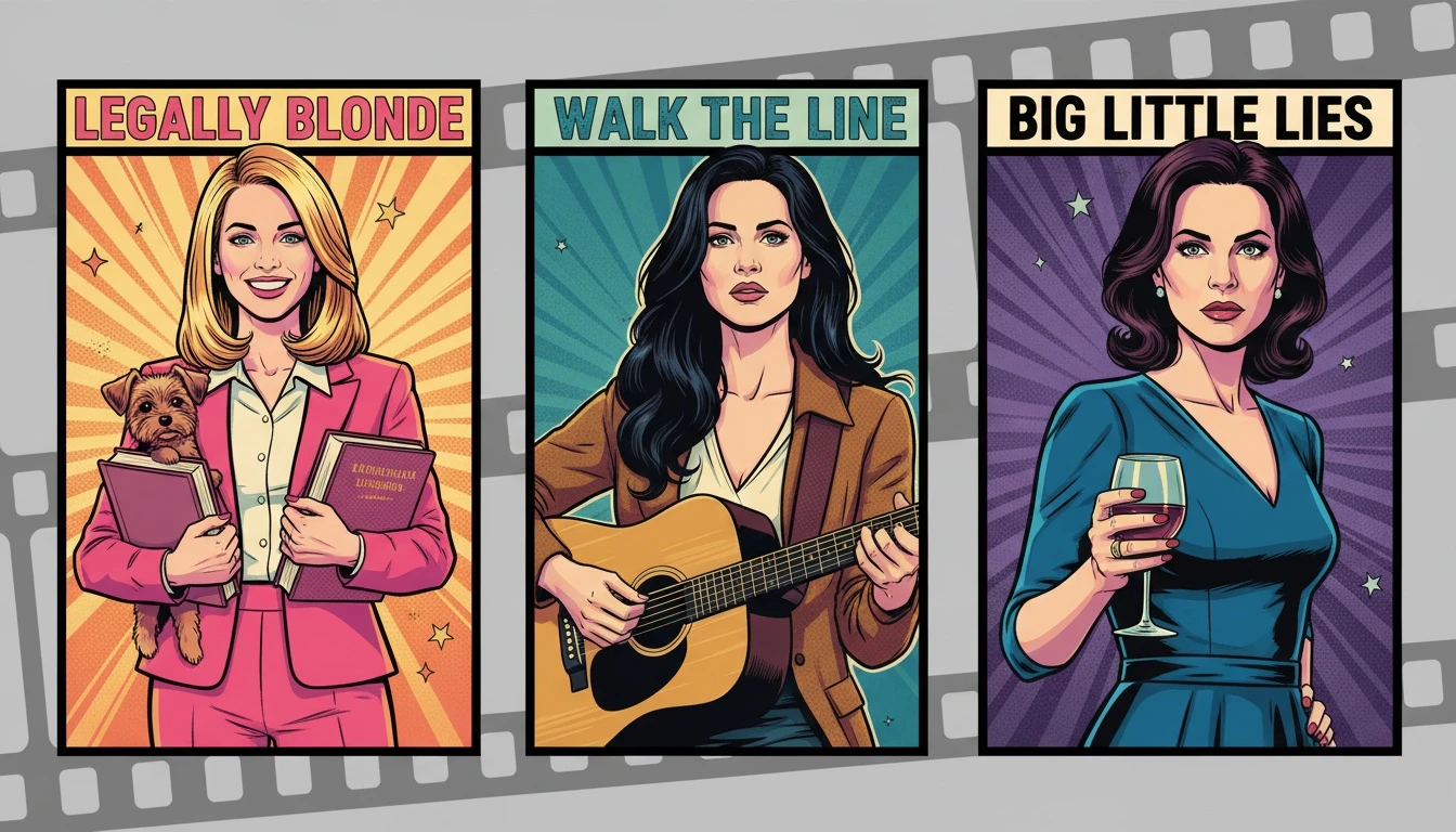 A visual guide to the best Reese Witherspoon movies, showing a collage of her evolving roles from Legally Blonde's Elle Woods to her Oscar-winning part in Walk the Line. Filename: best-reese-witherspoon-movies-bestie-ai.webp