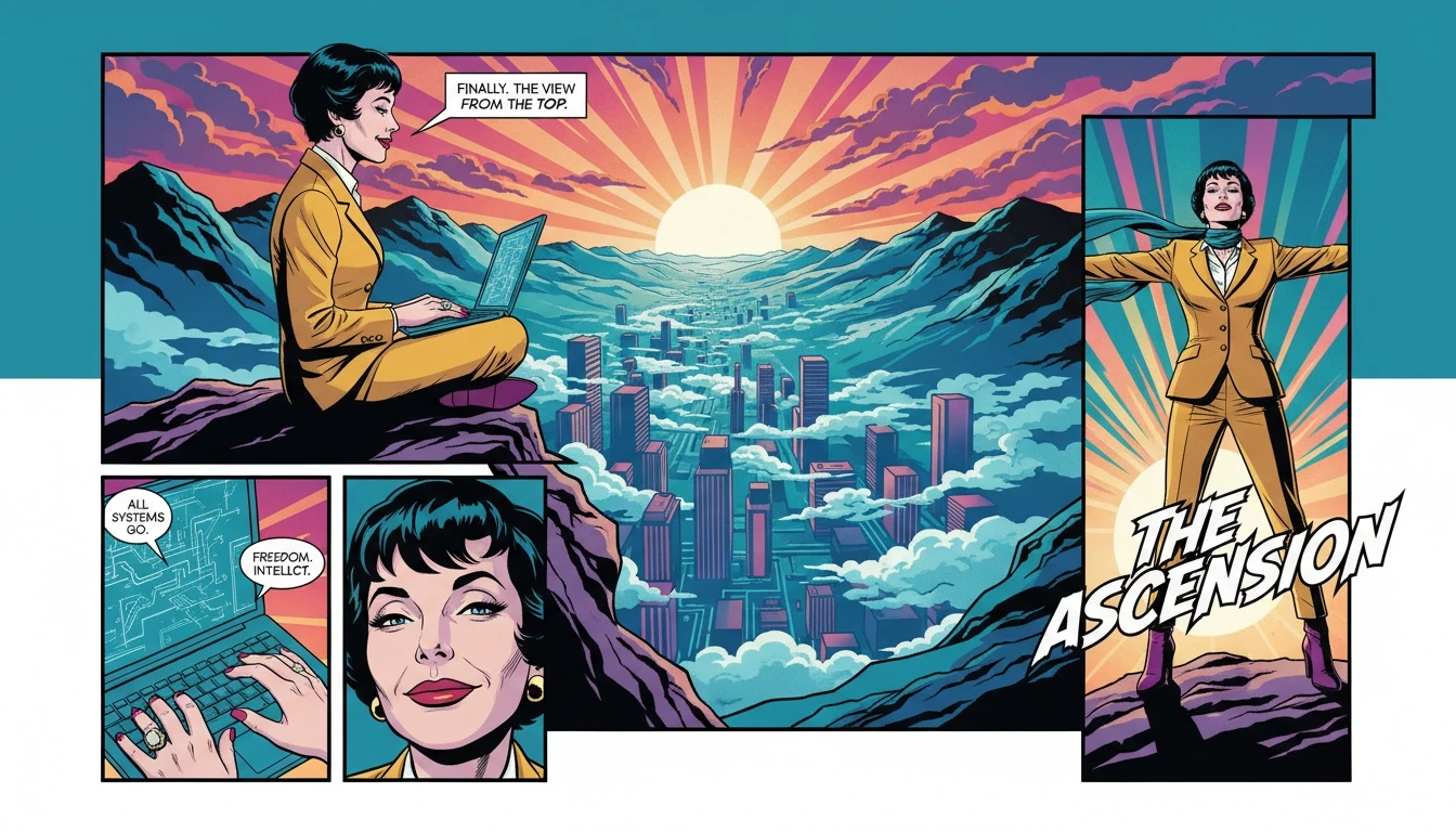 A person finding one of the best remote jobs for INTP personalities, working freely on a mountain above a city, symbolizing autonomy and escape. best-remote-jobs-for-intp-bestie-ai.webp