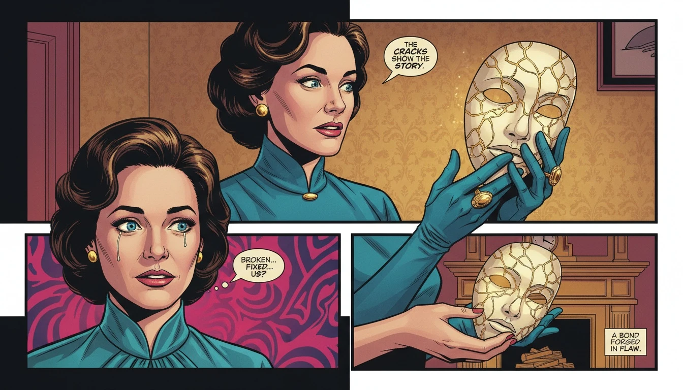 Human hands holding a cracked mask repaired with gold, symbolizing one of the best Replika alternatives for emotional support and psychological healing. filename: best-replika-alternatives-for-emotional-support-bestie-ai.webp