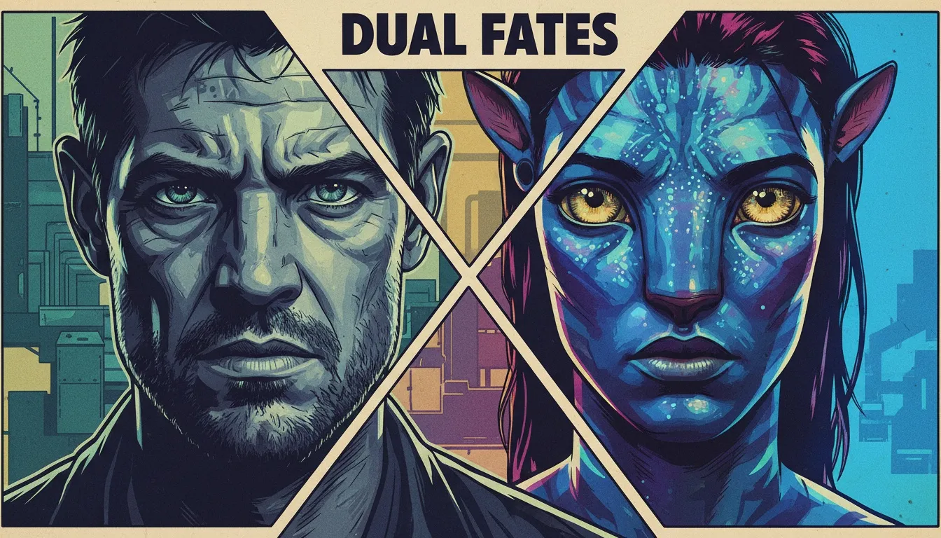 A dramatic split image representing the best Sam Worthington movies ranked, showing his human actor side juxtaposed with his iconic blue Na'vi character from Avatar. Filename: best-sam-worthington-movies-ranked-bestie-ai.webp