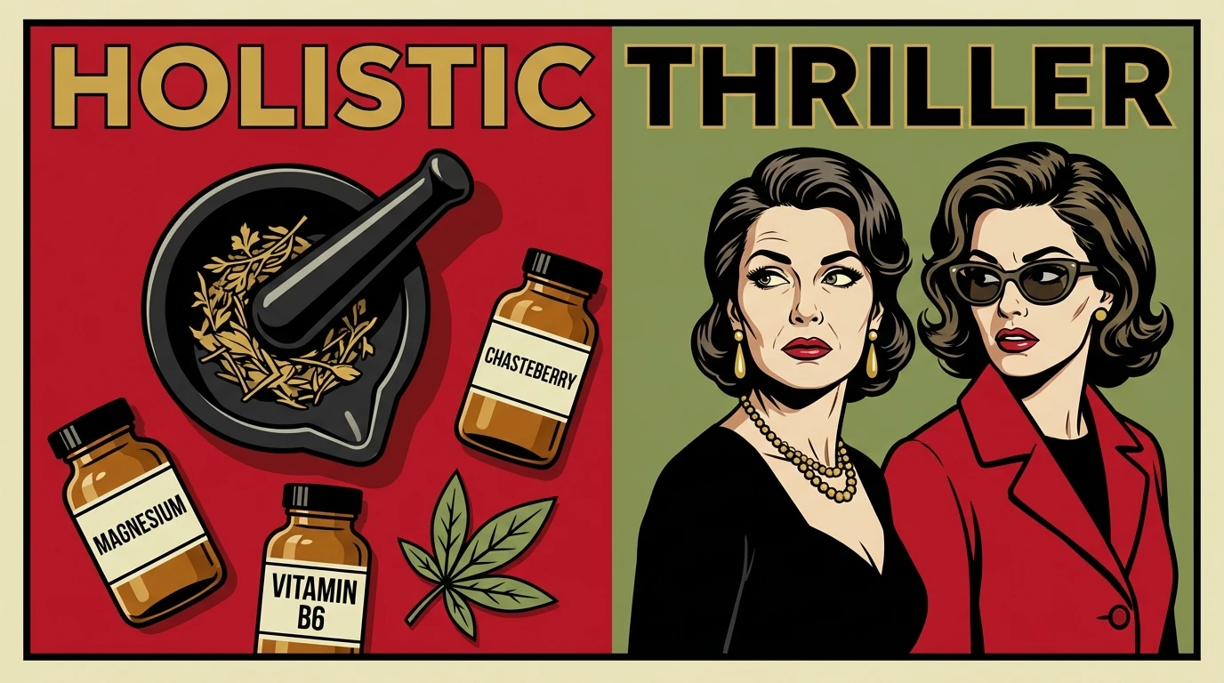 A calm, organized display of the best supplements for pms relief, including amber bottles of magnesium and vitamin B6, arranged with a mortar and pestle on a muted green background, signifying natural, science-backed care. best-supplements-for-pms-relief-bestie-ai.webp