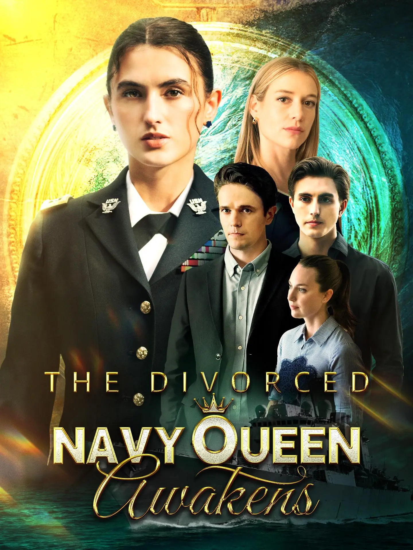 A woman in military attire, representing the powerful 'The Divorced Navy Queen Awakens' character, looking determined amidst a dramatic backdrop.