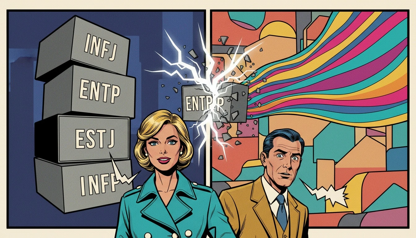 A visual representation of personality analysis, contrasting rigid MBTI boxes with the fluid spectrum of the Big Five model. Filename: personality-analysis-big-five-vs-mbti-bestie-ai.webp