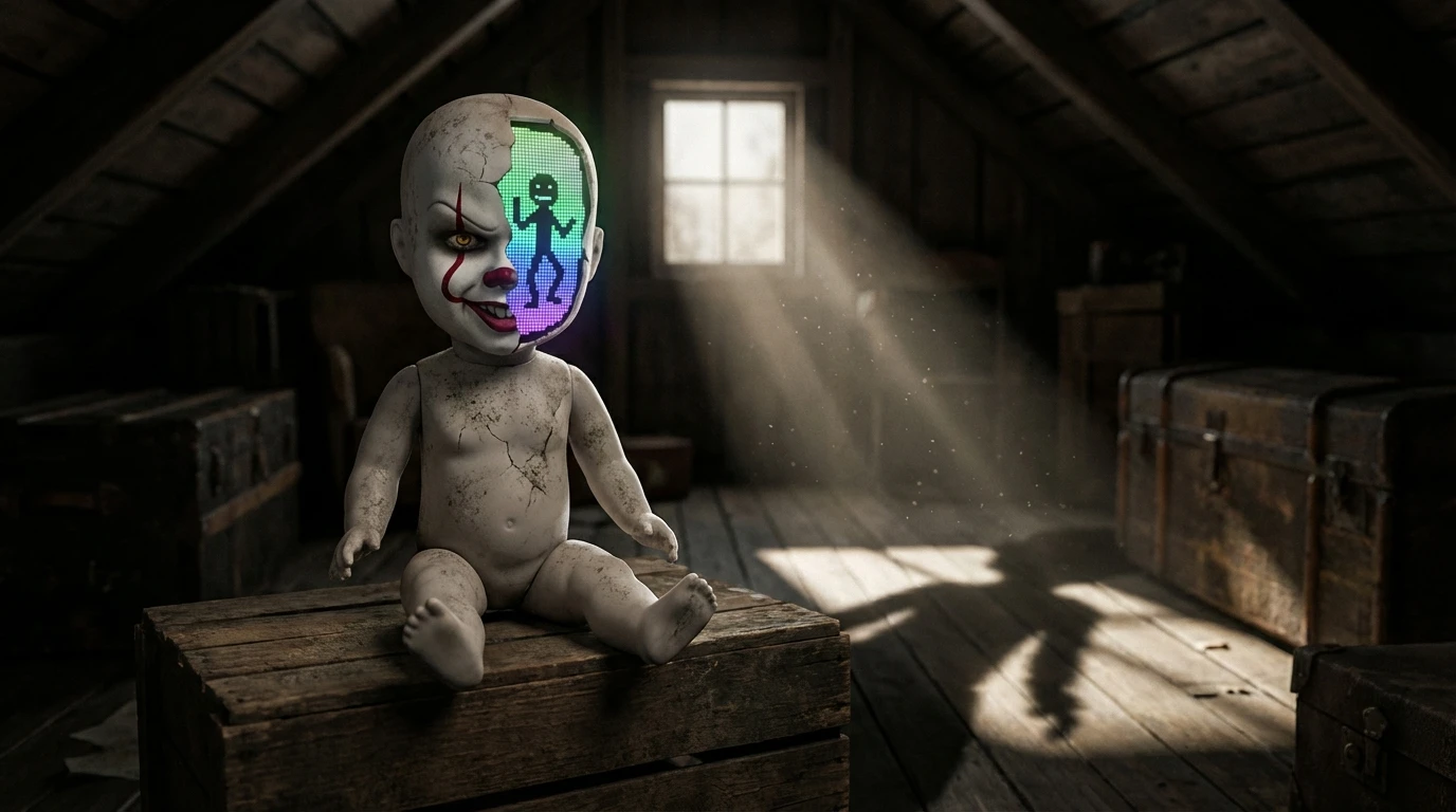 An image symbolizing the cultural impact of Bill Skarsgård's Pennywise, showing a doll that is half terrifying clown and half internet meme, representing the character's journey from horror to viral sensation. Filename: bill-skarsgard-pennywise-cultural-impact-bestie-ai.webp